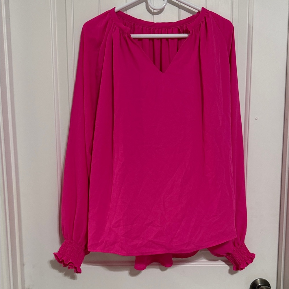Women’s Pink Long-Sleeve V-Neck Blouse